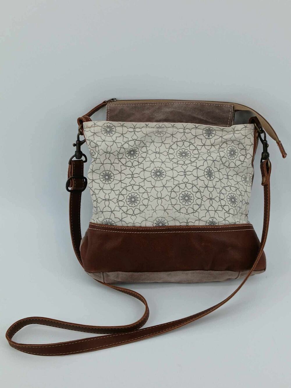Canvas and leather crossbody bag, Myra Bag, geometric floral pattern